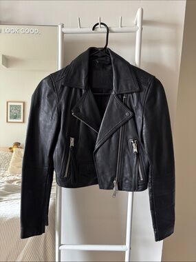 AllSaints Black Leather Moto Jacket with Silver Hardware